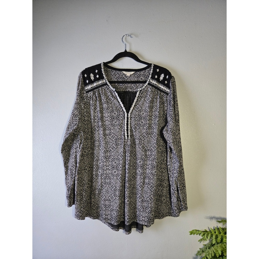 Lucky Brand Black & White Boho Print‎ Peasant Top 2X